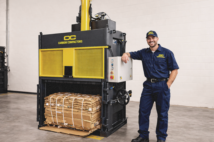 Operator next to a Carbon Compactors cardboard baler
