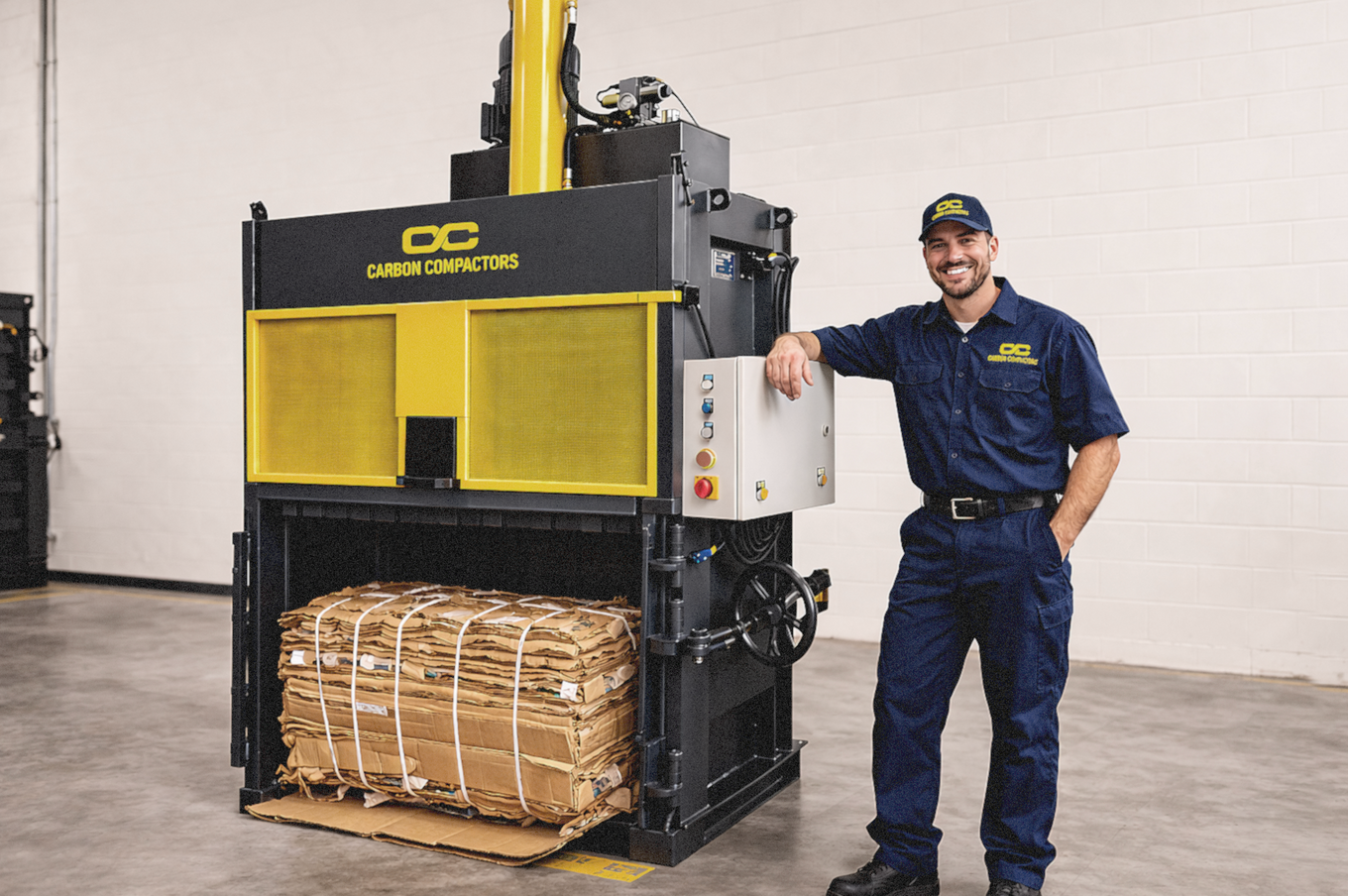 Carbon Compactors operator next to branded vertical baler with compressed cardboard bale