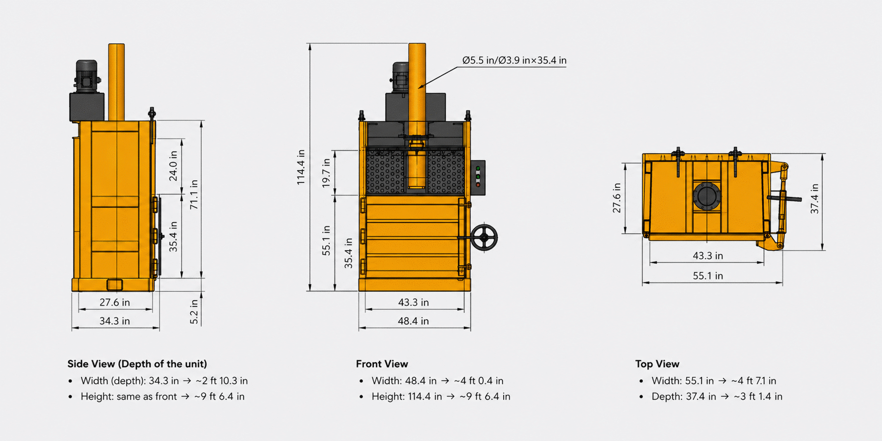 Carbon 43-VB Cardboard Baler dimensions — side, front, and top views