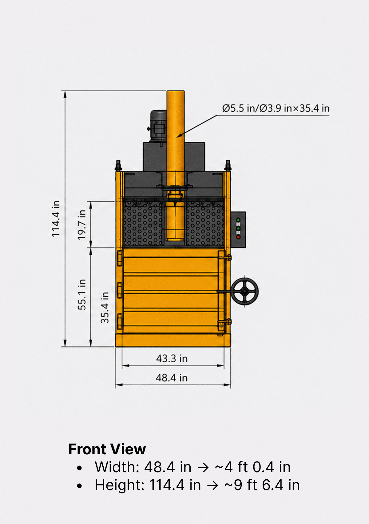 Carbon 43-VB Cardboard Baler front view dimensions
