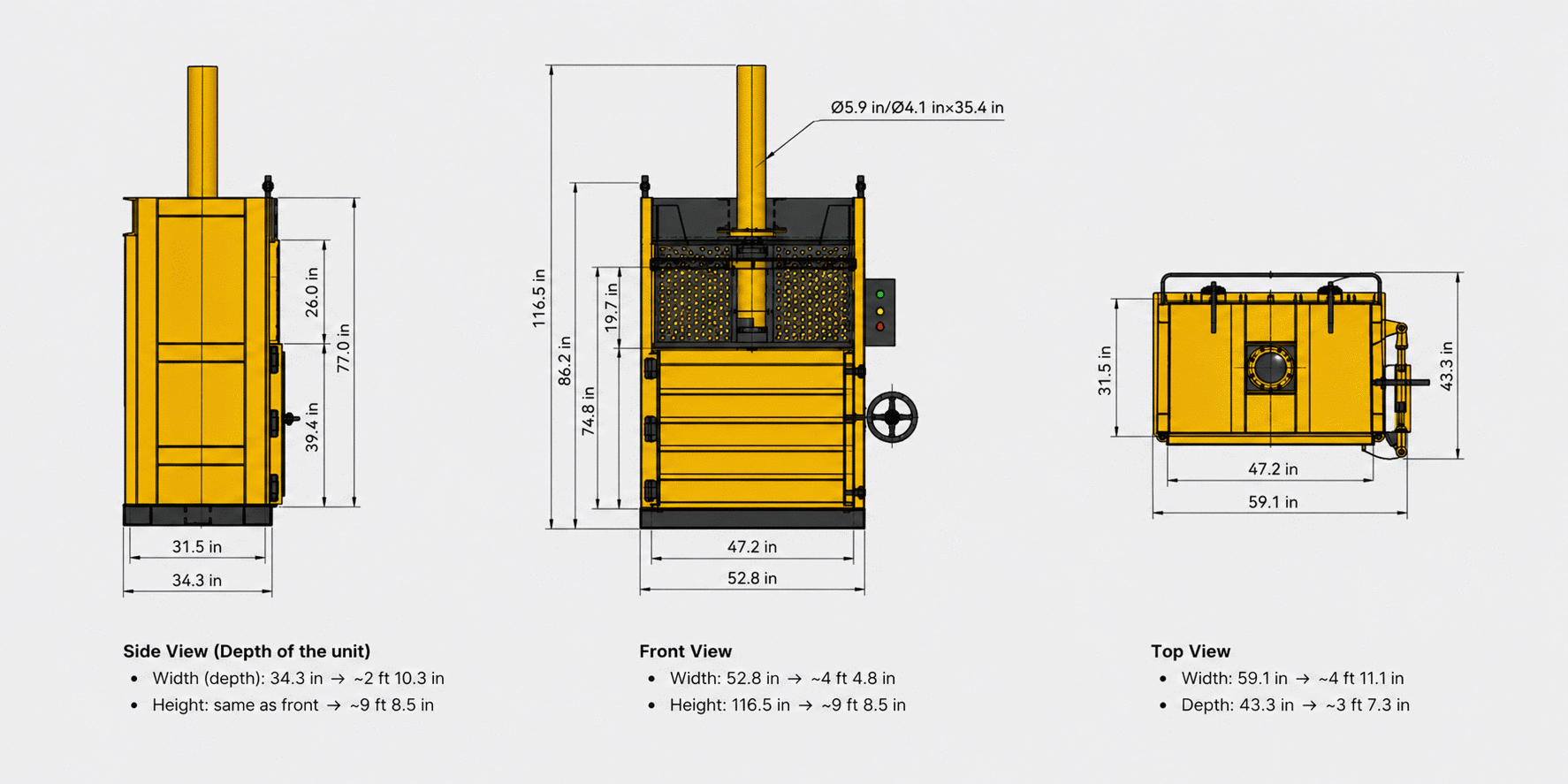 Carbon 48-VB Cardboard Baler dimensions — side, front, and top views