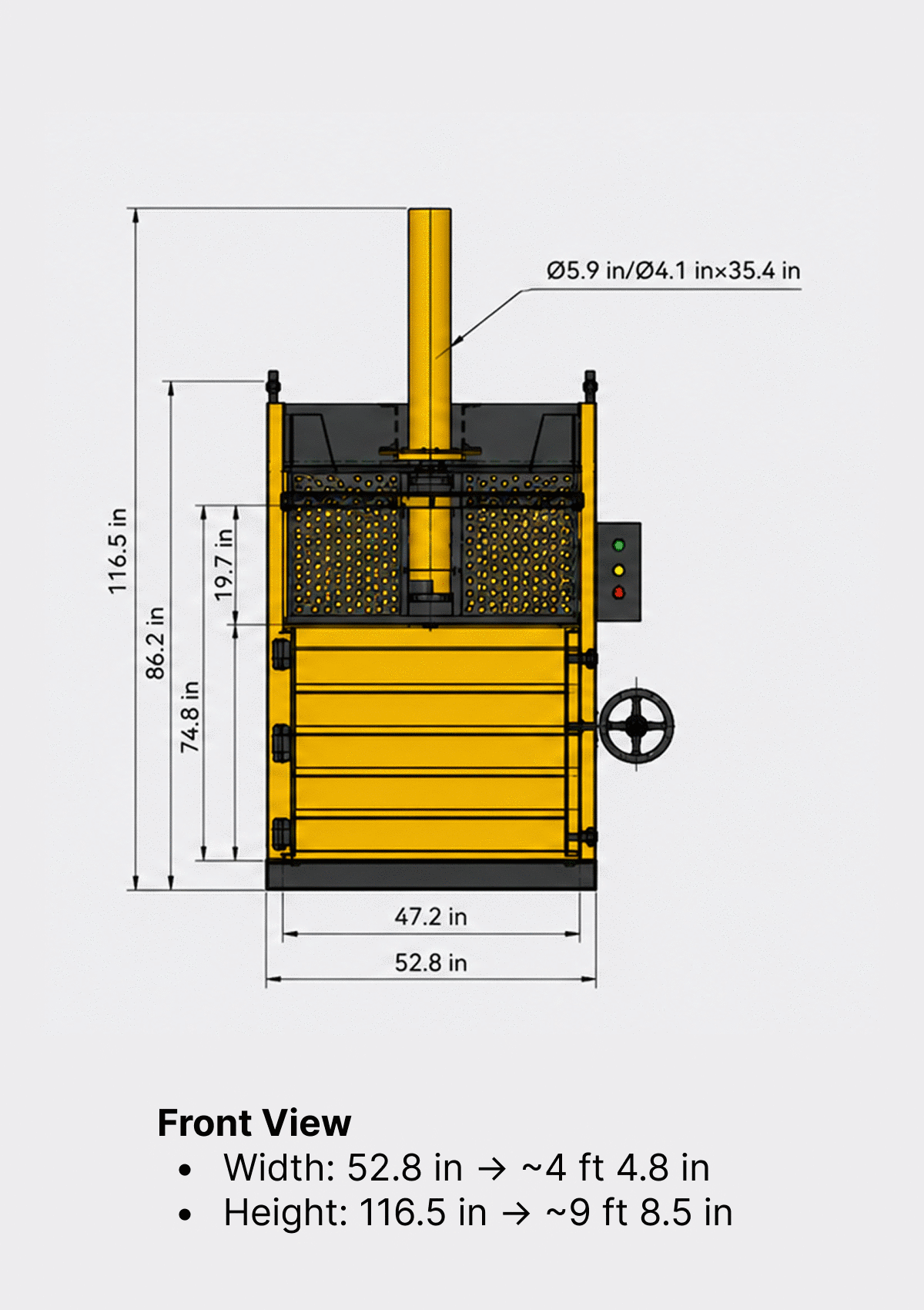 Carbon 48-VB Cardboard Baler front view dimensions