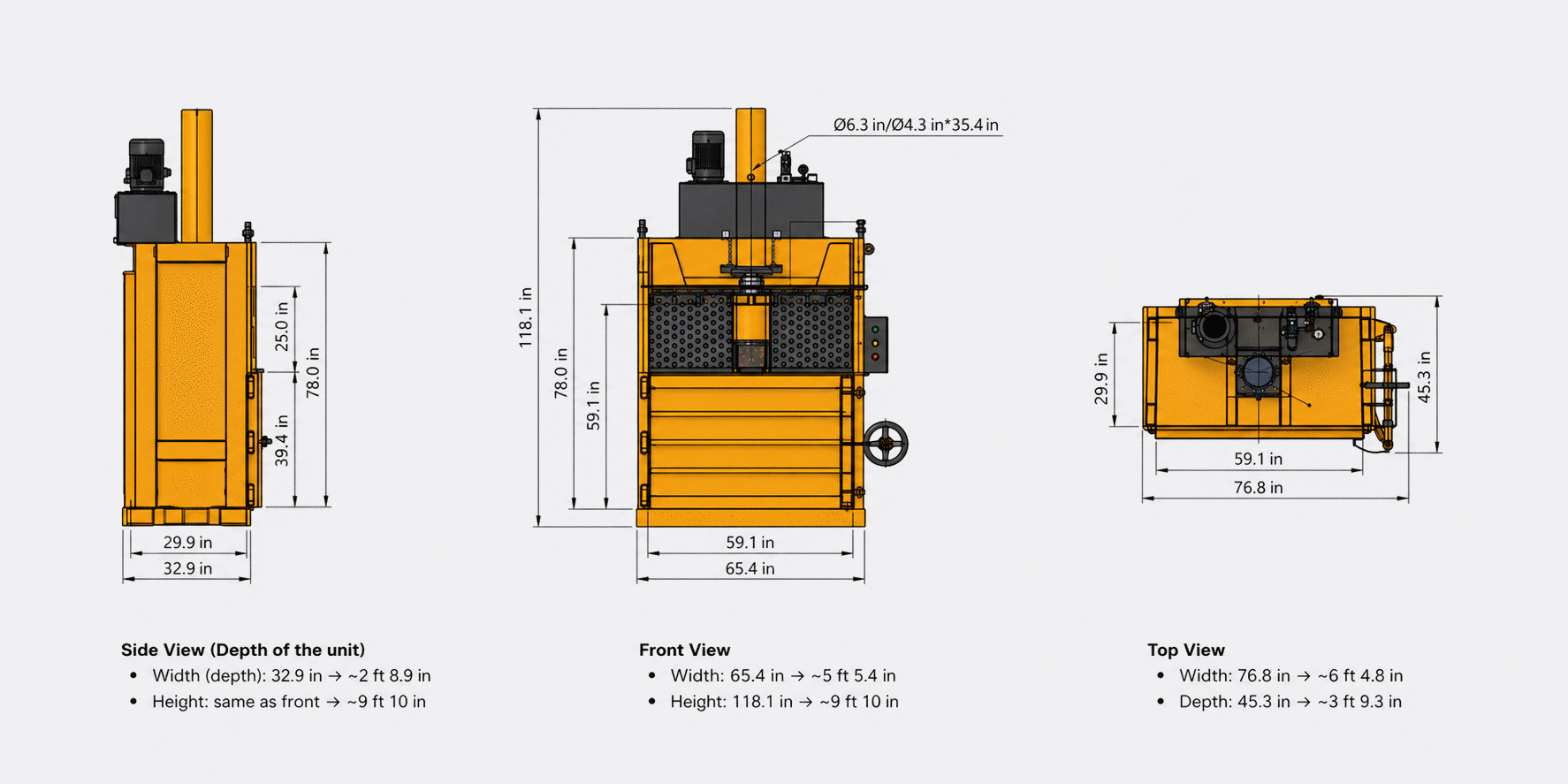Carbon 60-VB Cardboard Baler dimensions — side, front, and top views