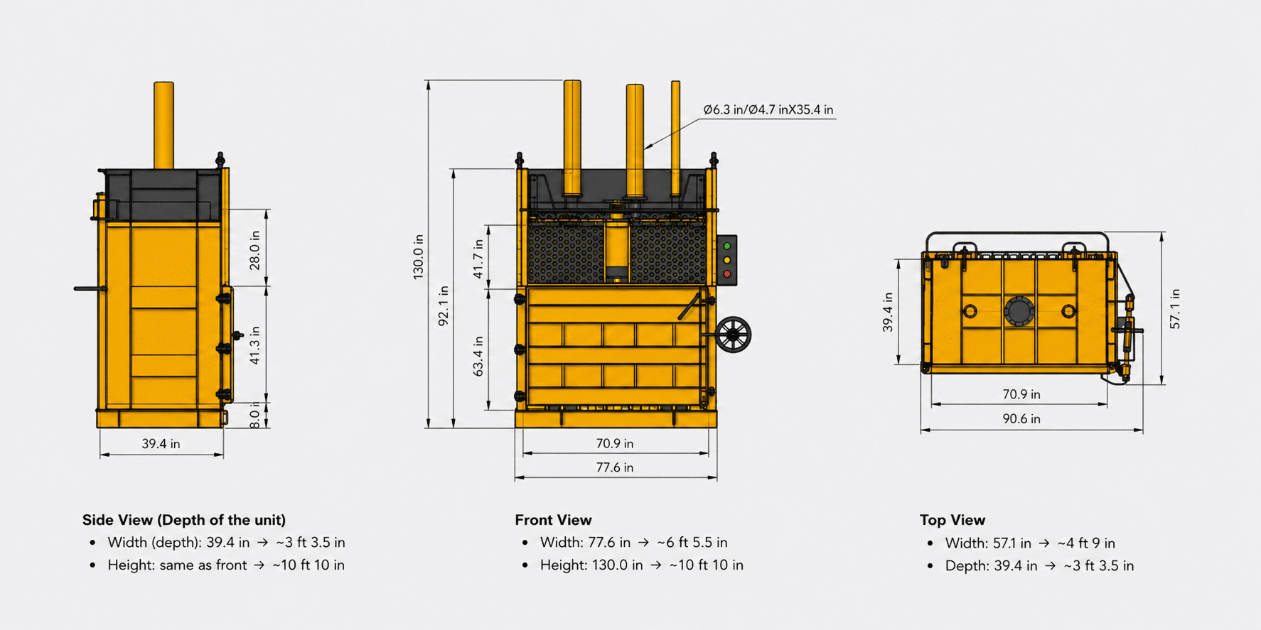 Carbon 72-VB Cardboard Baler dimensions — side, front, and top views