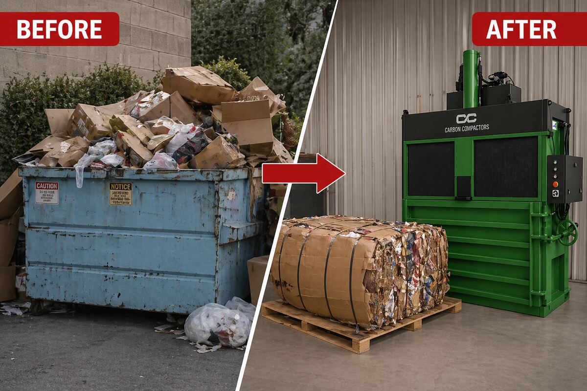 Before: overflowing dumpster of cardboard. After: a compact bale next to a Carbon Compactors baler.